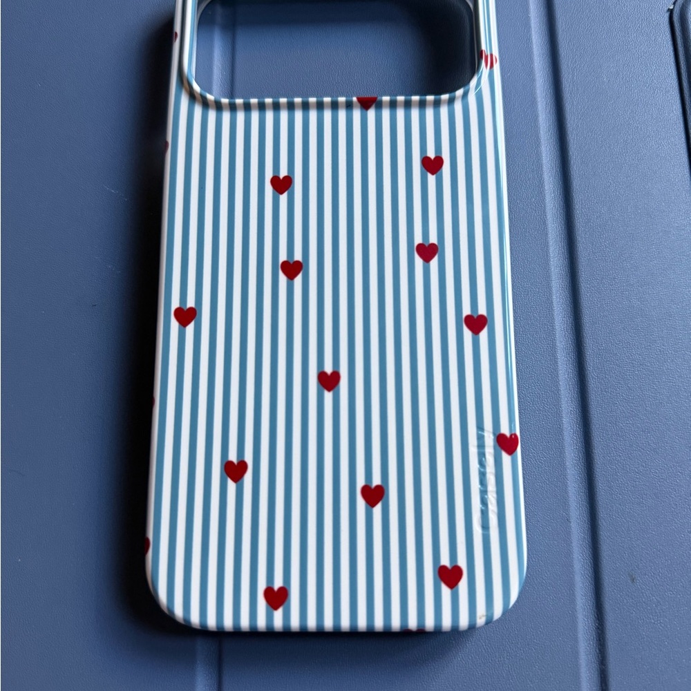 iPhone 17 Pro Max Striped Blue Phone Case with Red Heart Accent